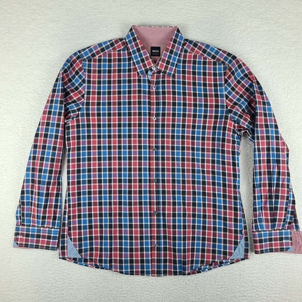 Hugo Boss Shirt Men Large Blue Red Regular Fit Obert Modern Essentials Button Up